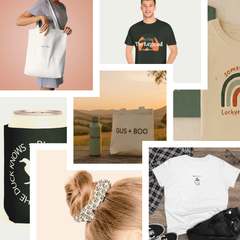 Gus + Boo products: tshirts, scrunchie, totes, tshirts and can coolers