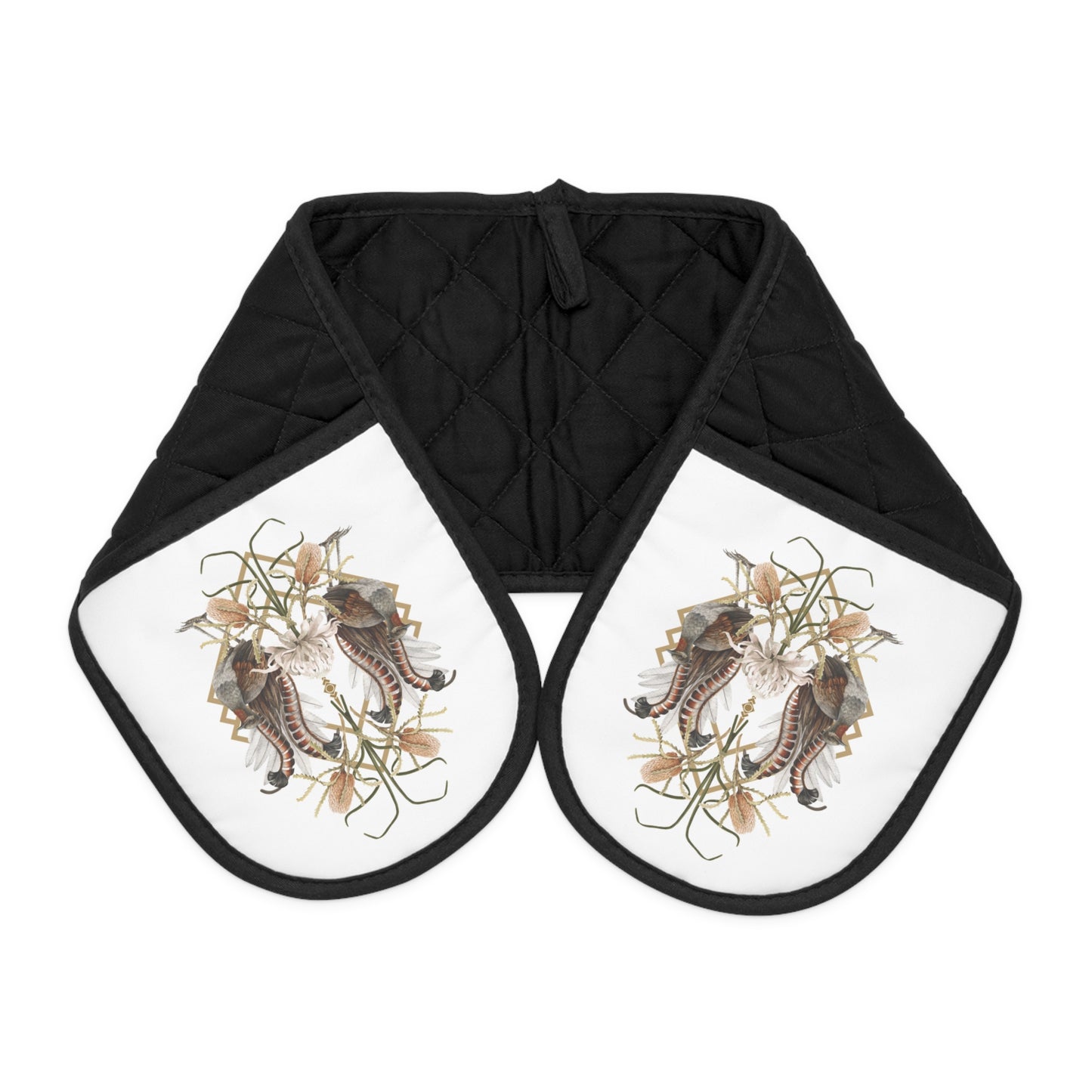 Oven Mitts - Australian Lyrebird and Native Florals Art Deco Design