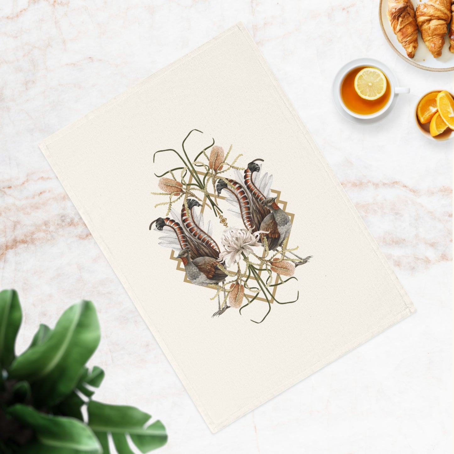 Kitchen Tea Towel - Australian Lyrebird and Native Florals Design