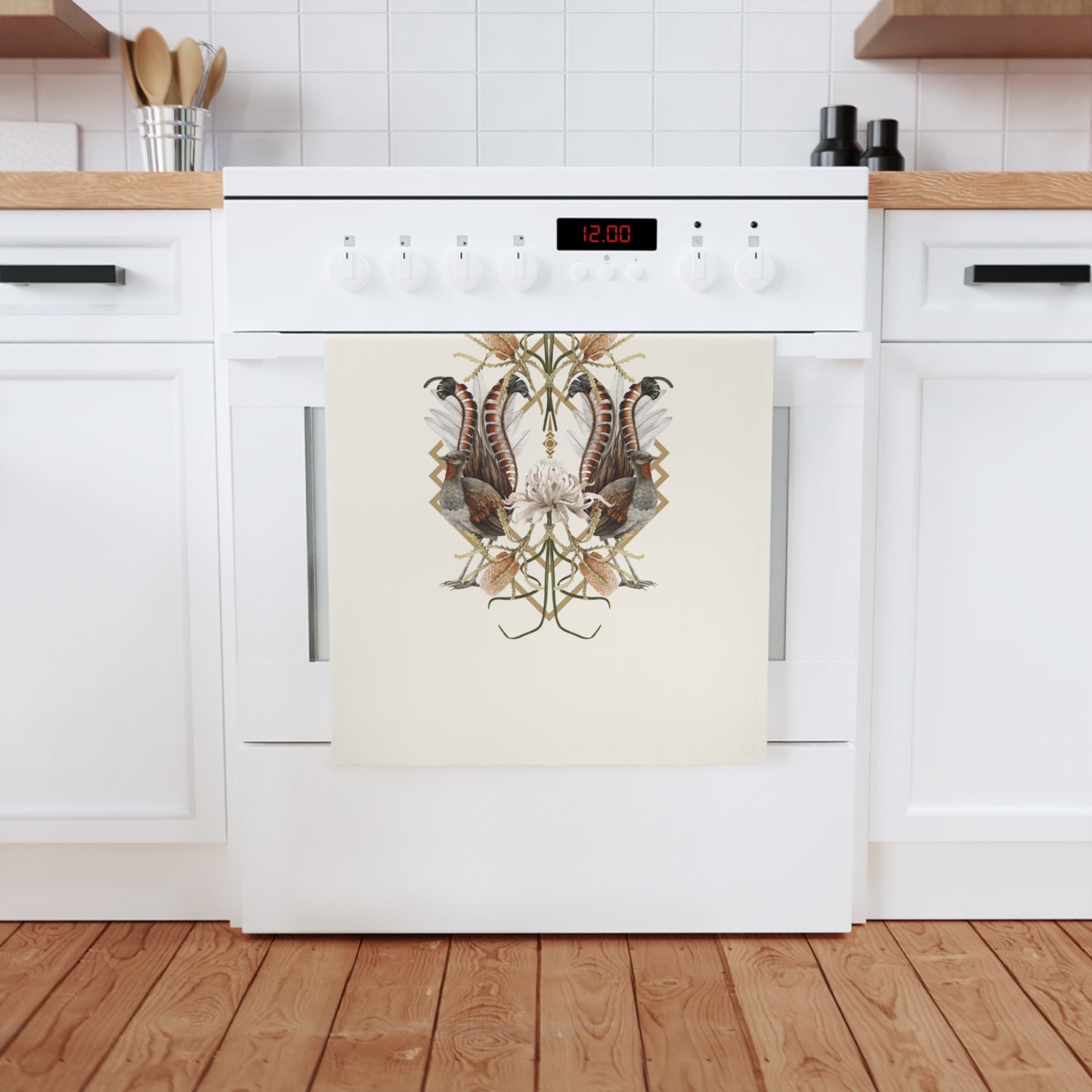Kitchen Tea Towel - Australian Lyrebird and Native Florals Design
